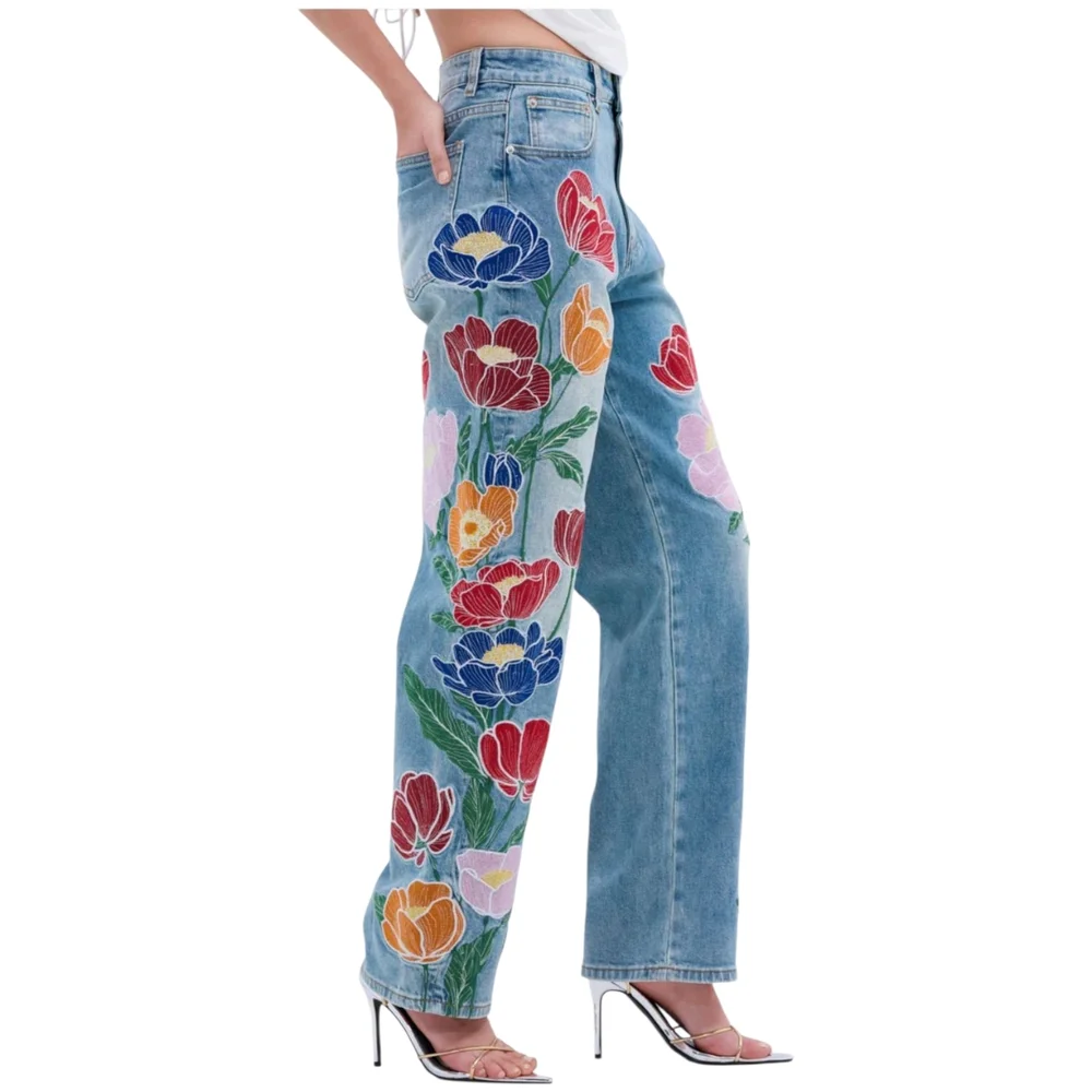 New! AKIRA Blue Jeans with Colorful Floral Embroidery - Picture 4 of 8
